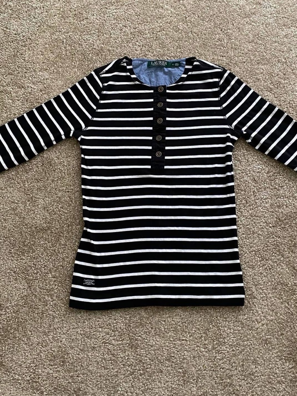 Lauren Ralph Lauren 100% Cotton Black & White Striped Henley Top Size Small